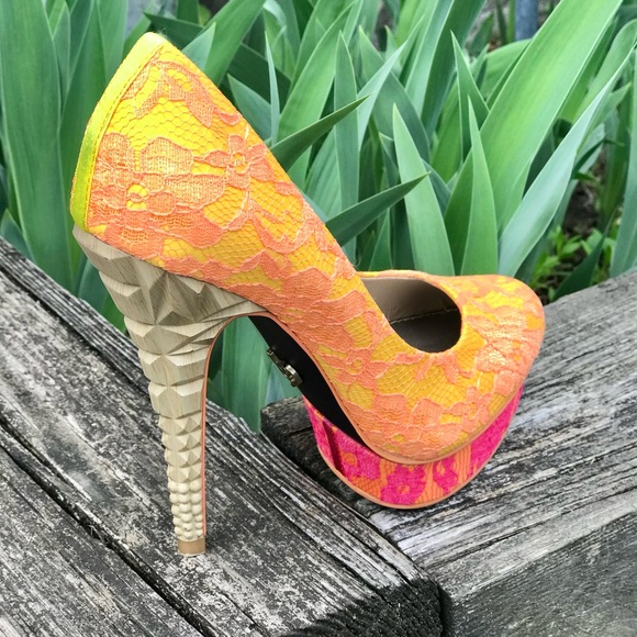 RACHEL ROY KEEDAN Orange Yellow Pink Lace Platform Pump Stilettos Heels Size 6 - Picture 15 of 16